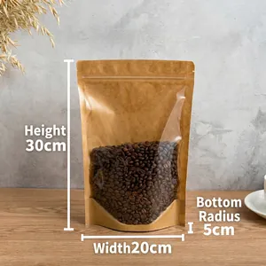 Detail of Size No. 6 Kraft paper stand-up pouch with window showing coffee beans inside