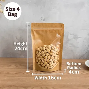 Detail of kraft paper stand-up pouch with window showing cookies, 24x16cm dimensions