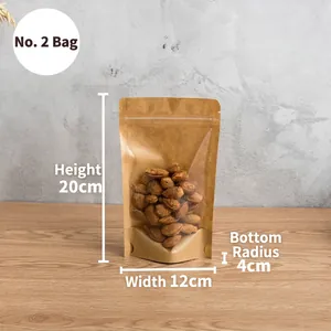 Standing kraft paper bag with window measuring 12x20cm filled with almonds and nuts