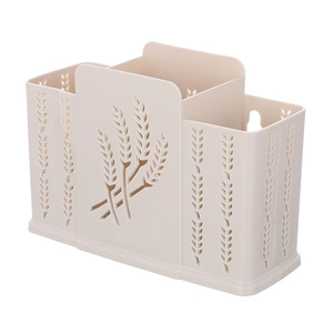 Wall-mounted beige plastic kitchen utensil holder with hollow wheat pattern and three compartments