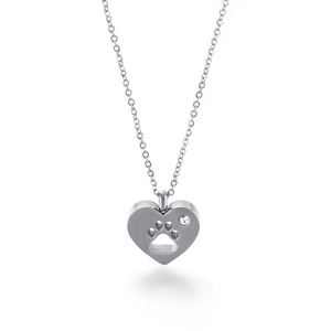 Silver heart necklace with hollow animal paw print and sparkling rhinestone detail