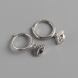 Elegant 925 sterling silver evil eye earrings with blue zircon and eyelash details