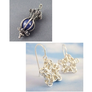 Detail of DIY jewelry featuring silver craft wire with blue gemstone and star earrings