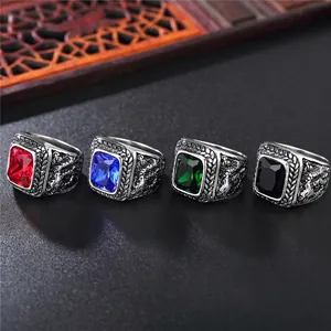 Retro dragon scale titanium steel men's ring with vibrant rectangular gemstones