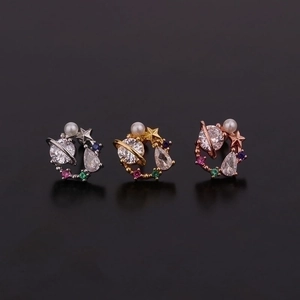 Colorful zircon screw earrings in silver, gold, and rose gold with pearls and crystals