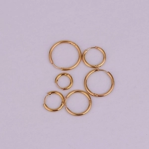 Set of six varied size gold stainless steel hoop earrings shown on a purple background