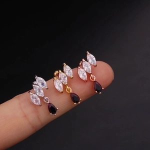 Steel flower stud earrings with marquise crystals and red drop zircon in three colors