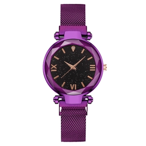 Women's starry sky watch with purple magnetic mesh band and geometric cut glass