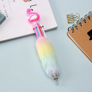 Creative flamingo multi-color ballpoint pen with rainbow plush and cute 6-in-1 ink design
