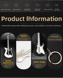 Detail view of guitar keychain showing polished zinc alloy finish and enamel craftsmanship