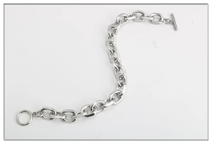 Silver stainless steel chunky cable chain bracelet with a toggle OT clasp on white background