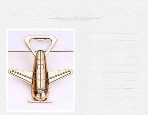 Macro view of vintage gold airplane bottle opener with dimensions and alloy material details