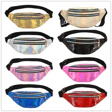 Matrix grid showing eight colors of laser PVC waist bags with adjustable nylon straps