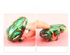 Operating steps for vintage wind-up metal jumping frog toy with mechanical key