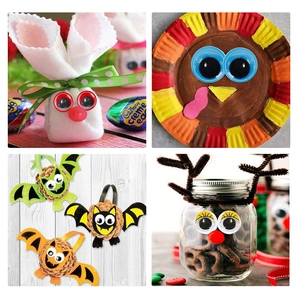 DIY creative craft ideas showing colorful googly eyes used on animal characters