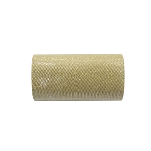 Close-up of golden sequin mesh roll for party decor and luxury gift wrapping