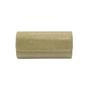 Detailed view of rectangle gold glitter clutch bag with elegant front flap closure