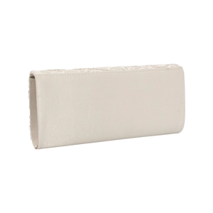 Vue détaillée d'une pochette du soir en satin beige avec texture de dentelle florale chic