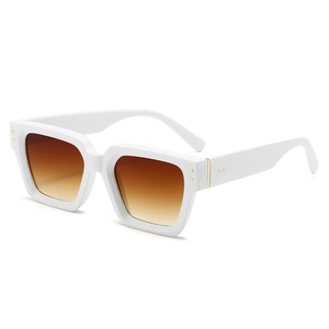 Fashionable white square sunglasses with gradient brown lenses and metal rivet accents