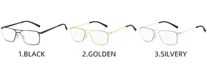 Business metal rectangular glasses frames shown in black, golden, and silvery options