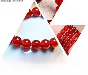 Detail of red agate beads bracelet showing high luster and polished smooth texture