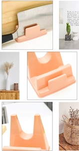 Pink multipurpose plastic kitchen rack shown holding pot lids and knives in various views
