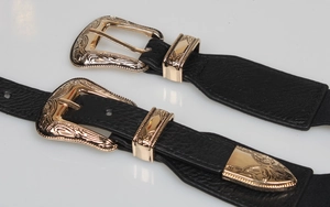 Women's vintage black elastic waist belt with ornate golden western carved double buckle