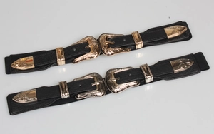 Black elastic waist belts with vintage carved double buckles in gold and silver finish