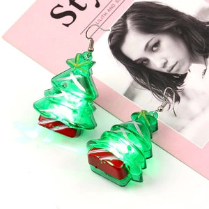 Luminous LED Christmas tree earrings with festive green and red holiday light-up design