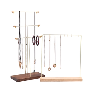Jewelry Display Stand Necklace Rack Gold Metal Solid Wood Base Multi Layer Hooks Nordic Desktop Organizer