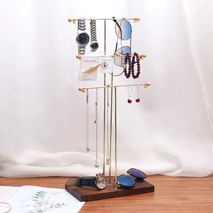 3-tier gold metal jewelry stand with solid wood base for necklaces and watches