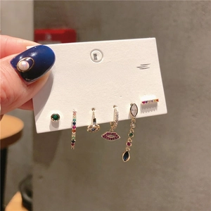 Colorful Zircon Earrings With Silver Earring Post Lip Shape Evil Eye Geometric Bohemian Fashion Jewelry For Women