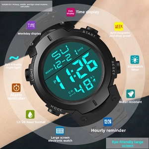 Close-up of multifunctional digital sports watch with LED backlight and calendar display