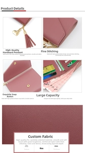 Close-up of pink PU leather wallet showing tassel pendant, stitching and interior card slots