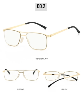 Three-view layout of gold metal pilot reading glasses frames with black temple tips