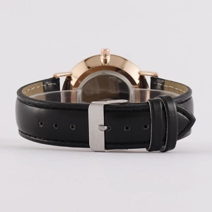 Minimalist men's quartz watch with black leather strap and rose gold ultra-thin case