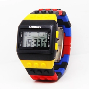 Colorful LEGO-style building blocks digital watch with LED light and rainbow multi-color strap