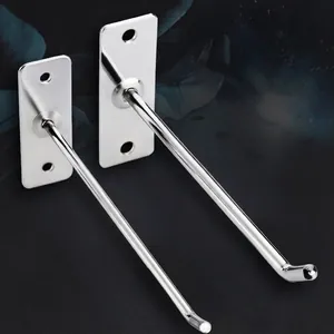 Polished silver metal wall hooks with dual mounting holes and anti-slip tips for retail displays
