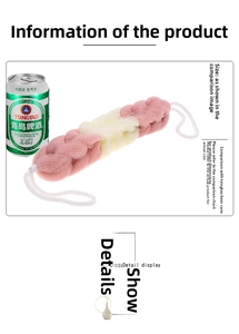 Detail view of long mesh back scrubber with dual-tone pink and white spiral texture