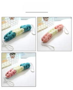 Three color variants of long exfoliating mesh bath sponges with white hanging ropes