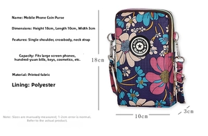 Vertical floral print fabric phone pouch showing 18x10x3cm dimensions and inner lining
