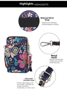 Detail view of floral crossbody phone bag with widened elastic wristband and metal hooks