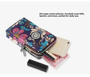 Vertical mini floral cell phone bag with three zipper pockets for phone and cash
