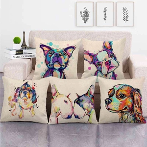 Detailed texture of linen pillow covers with colorful artistic dog breed illustrations