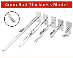 Detail view of 4mm thickness stainless steel wall hooks in multiple lengths for display