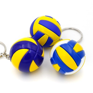 Miniature volleyball keychain in blue and yellow colors with metallic keyring detail