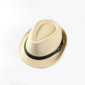 Classic straw sun hat for kids featuring a black leather band and metal buckle detail