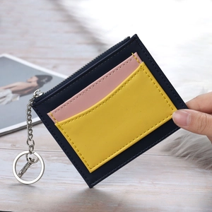 Women's multi-color patchwork card holder with zipper pocket and metal keychain