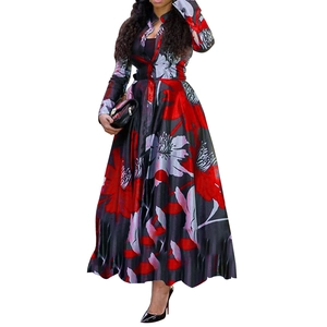 Floral print long sleeve maxi dress with cinched waist and elegant A-line silhouette