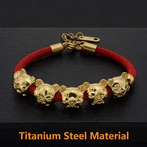 Red braided cord bracelet with five gold bear charms in durable titanium steel for women